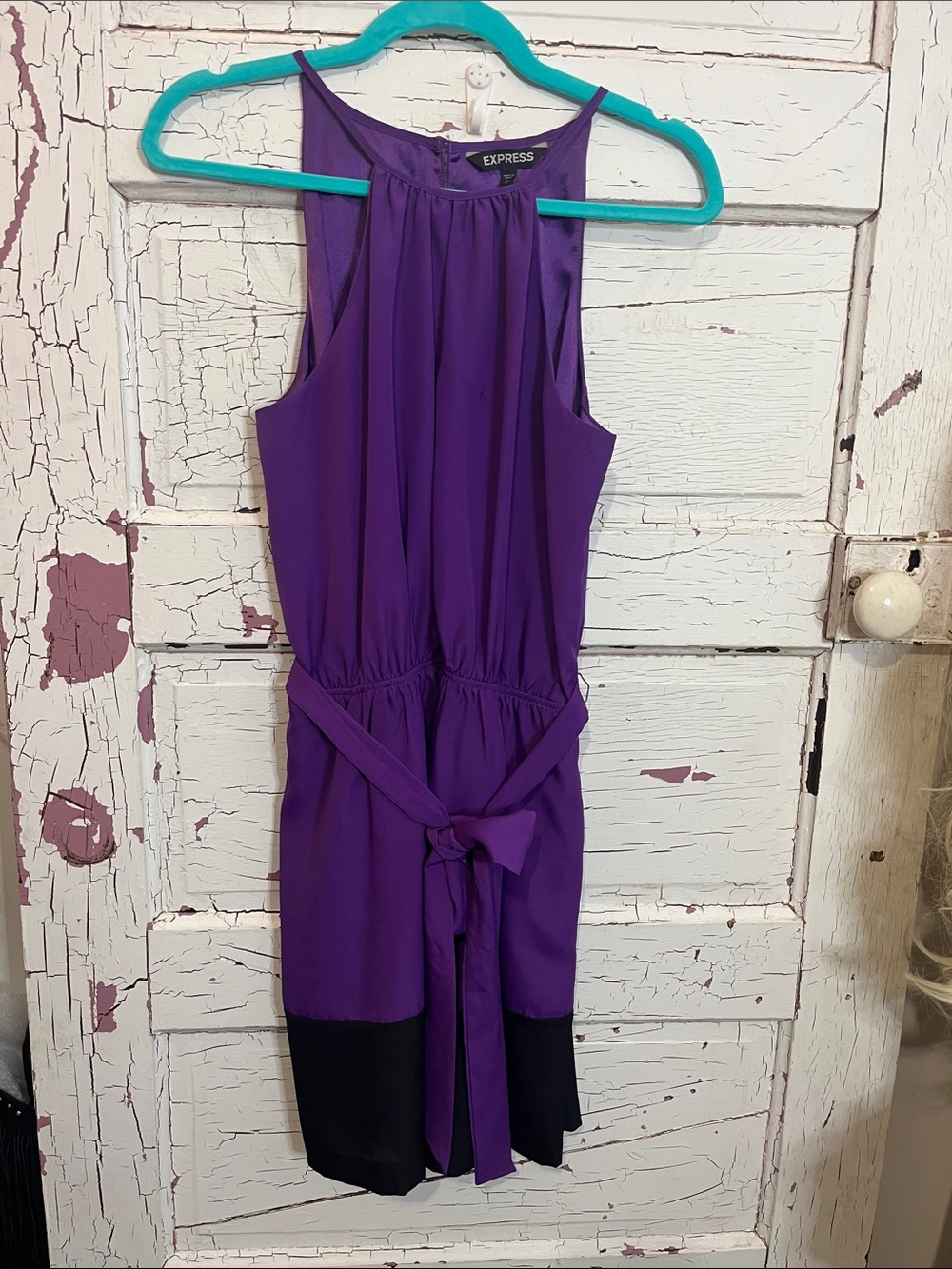 NWOT Express Purple Sleeveless Midi Dress with Black Hem and Tie Waist SZ small